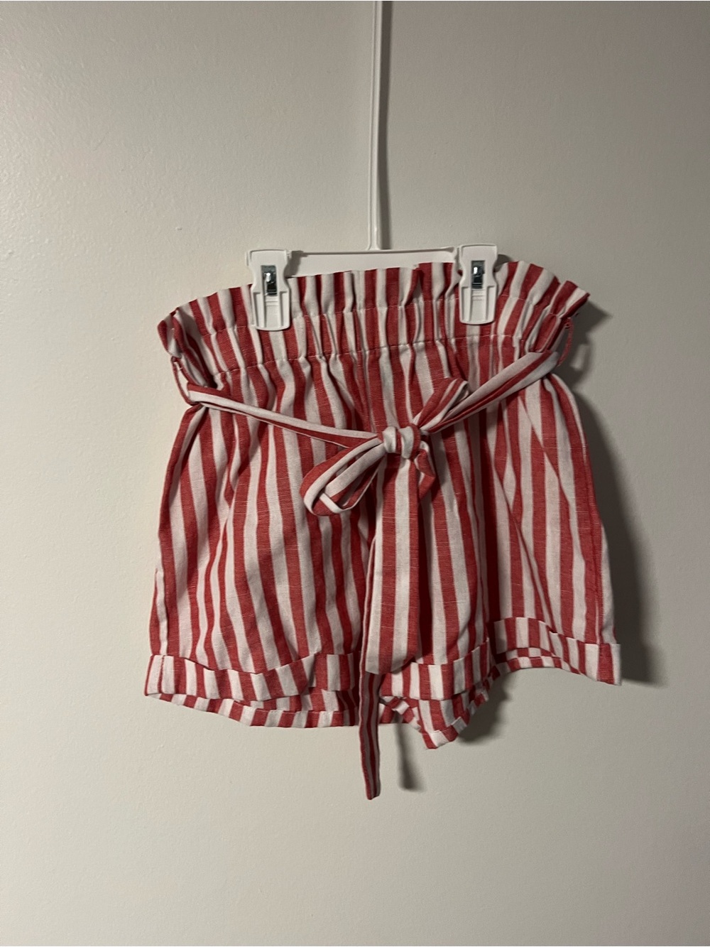 SHEIN Red and White Striped Paperbag Waist Shorts